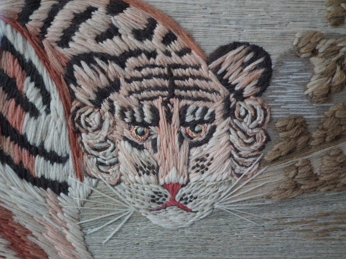 Victorian Woolwork Embroidered Picture of a Tiger 1