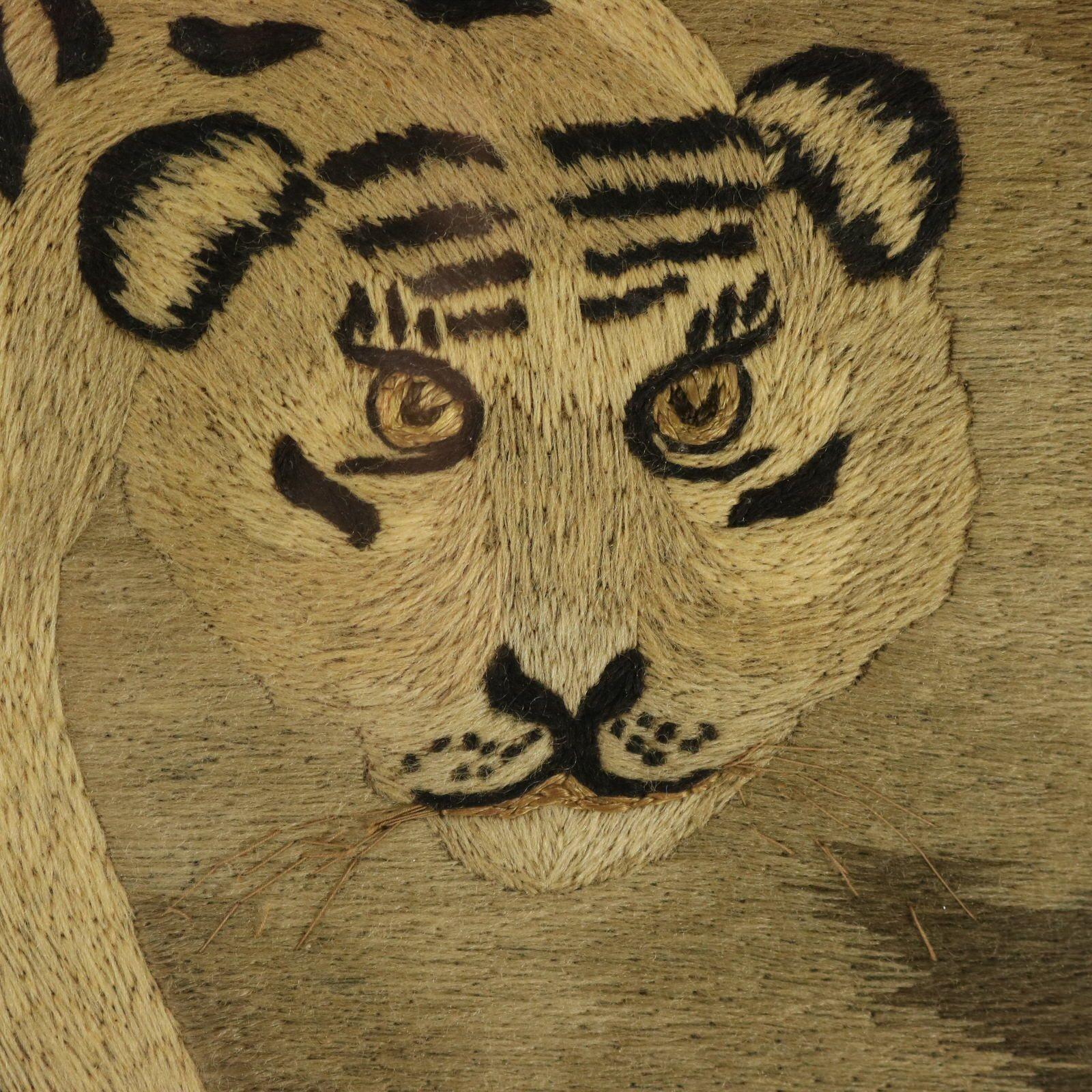 Victorian Woolwork Embroidered Picture of a Tiger For Sale 3