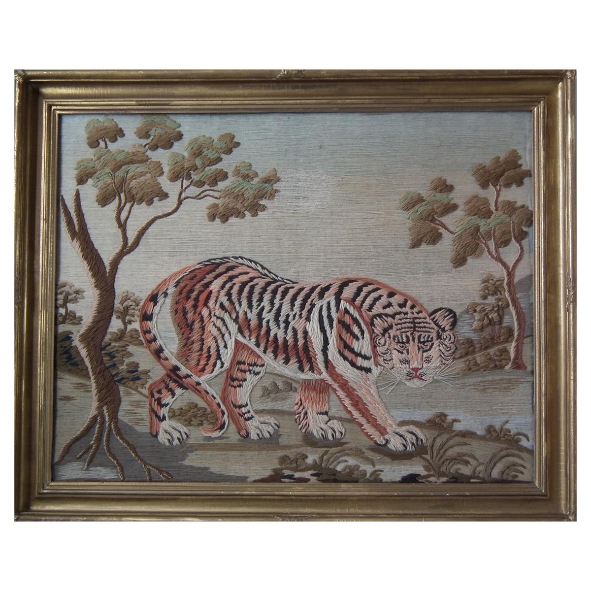 Victorian Woolwork Embroidered Picture of a Tiger