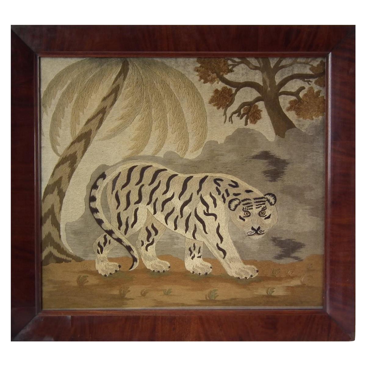 Victorian Wool Work Embroidered Picture of a Tiger