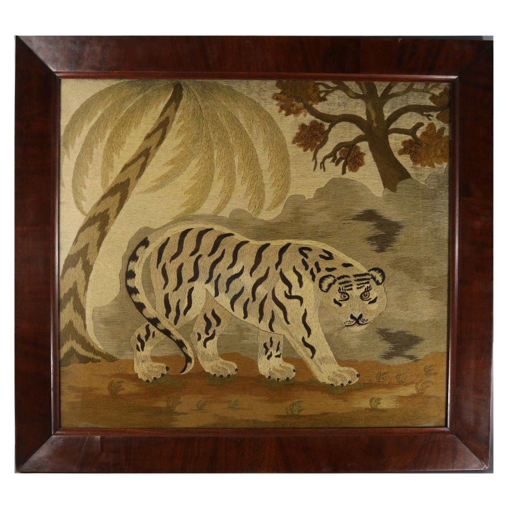 Victorian Woolwork Embroidered Picture of a Tiger For Sale