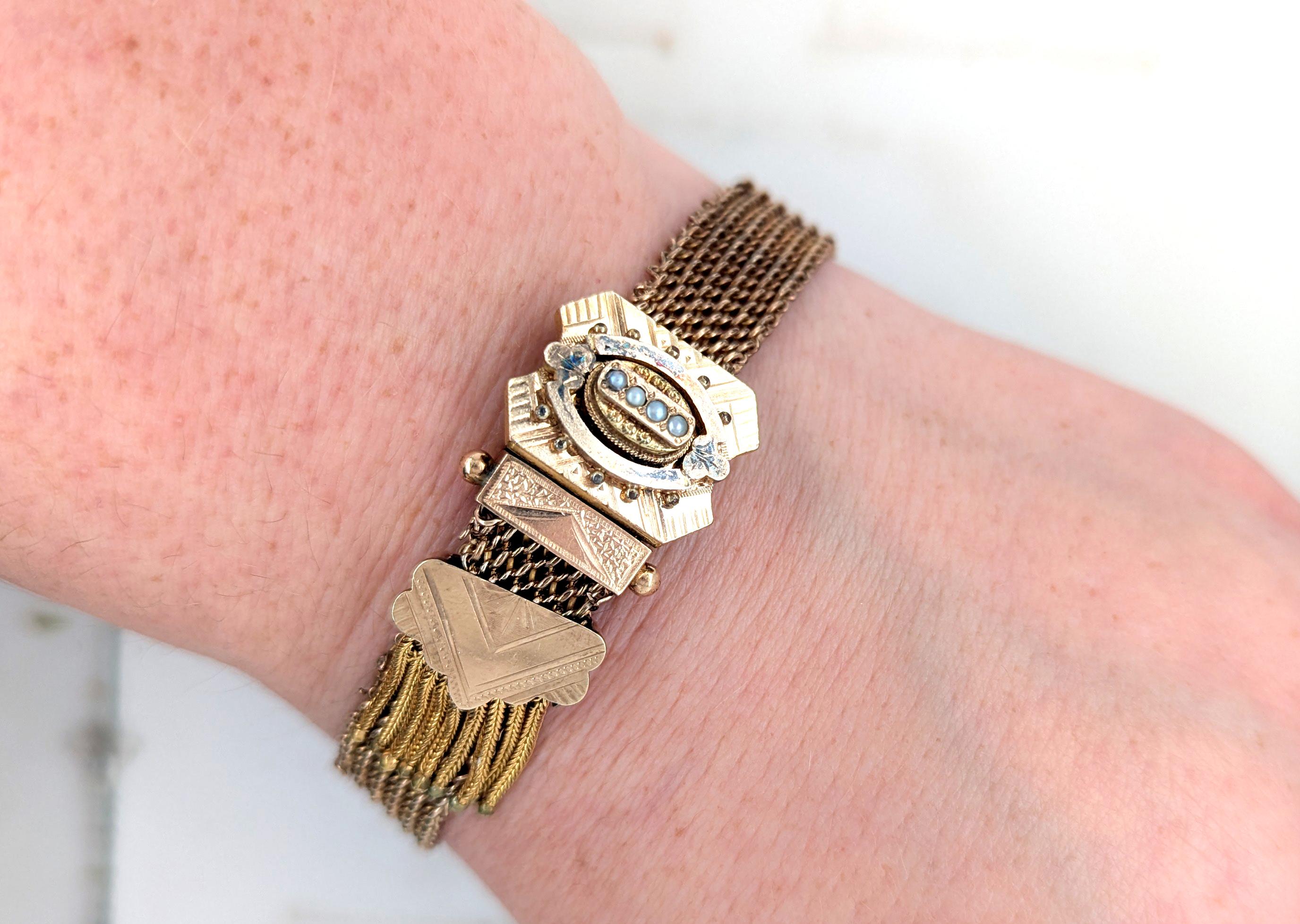 Bracciale vittoriano a catena intrecciata con chiusura a slitta, riempimento d'oro, originale antico del 1860 In condizioni ottime in vendita a Dearborn, MI