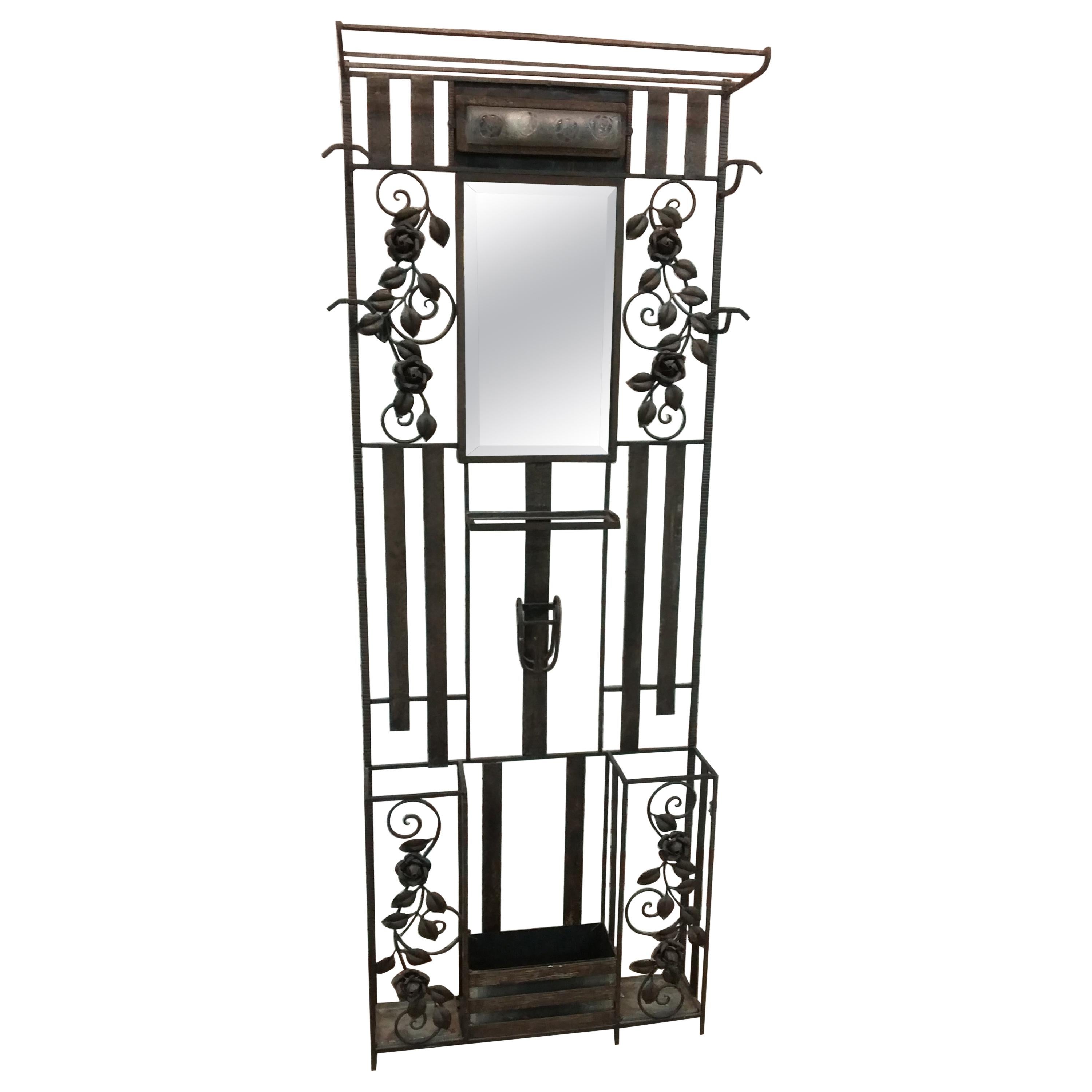 Victorian Wrought Iron Hall Stand Coat Rack with Art Deco Light and