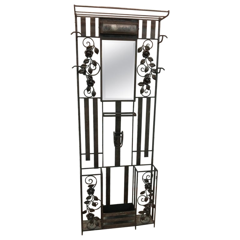 Victorian Wrought Iron Hall Stand Coat Rack with Art Deco Light and
