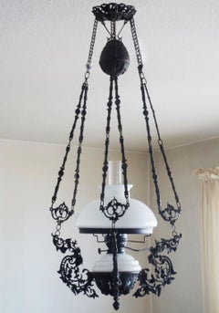 Victorian Wrought Iron Opaline Glass Oil Lamp Converted to Electric Lantern