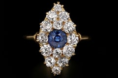 Victorian Yellow Gold 1 Carat Natural No Heat Sapphire Diamond Navette Ring