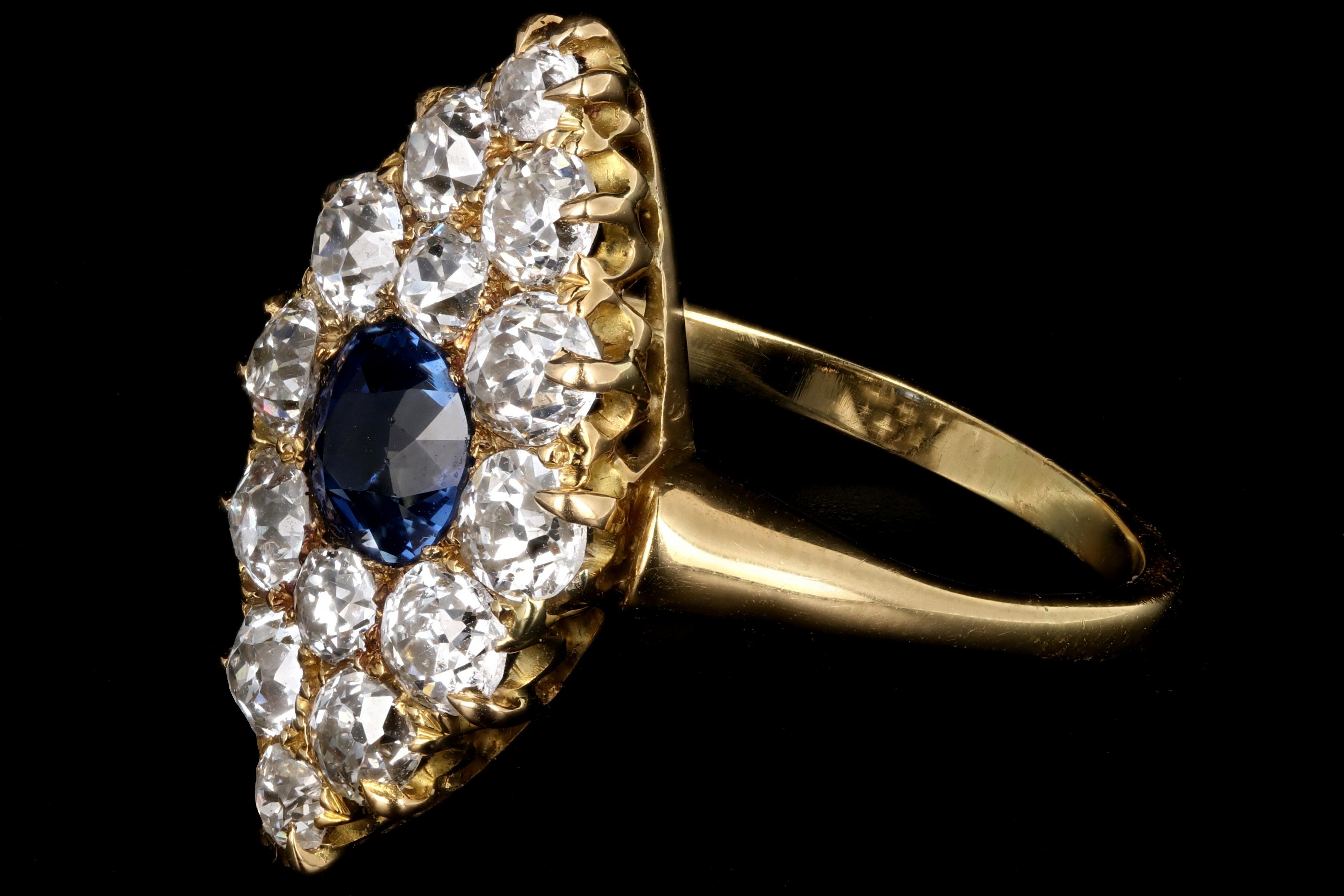 Old European Cut Victorian Yellow Gold 1 Carat Natural No Heat Sapphire Diamond Navette Ring