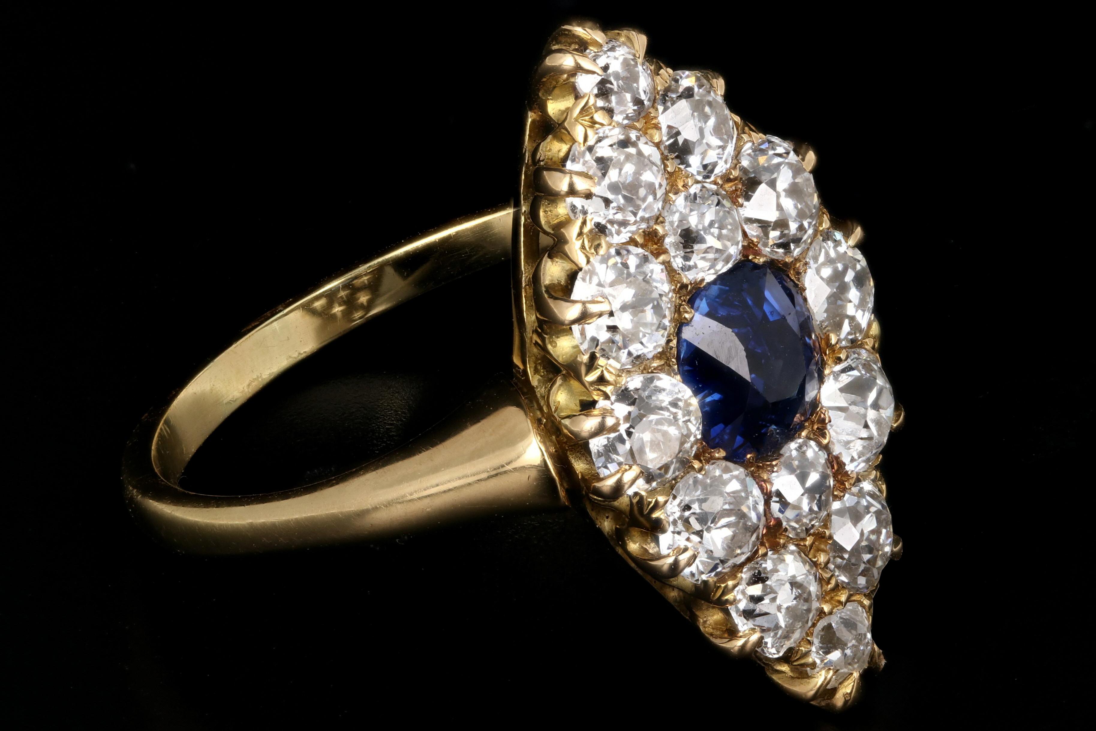 Victorian Yellow Gold 1 Carat Natural No Heat Sapphire Diamond Navette Ring In Good Condition In Cape May, NJ
