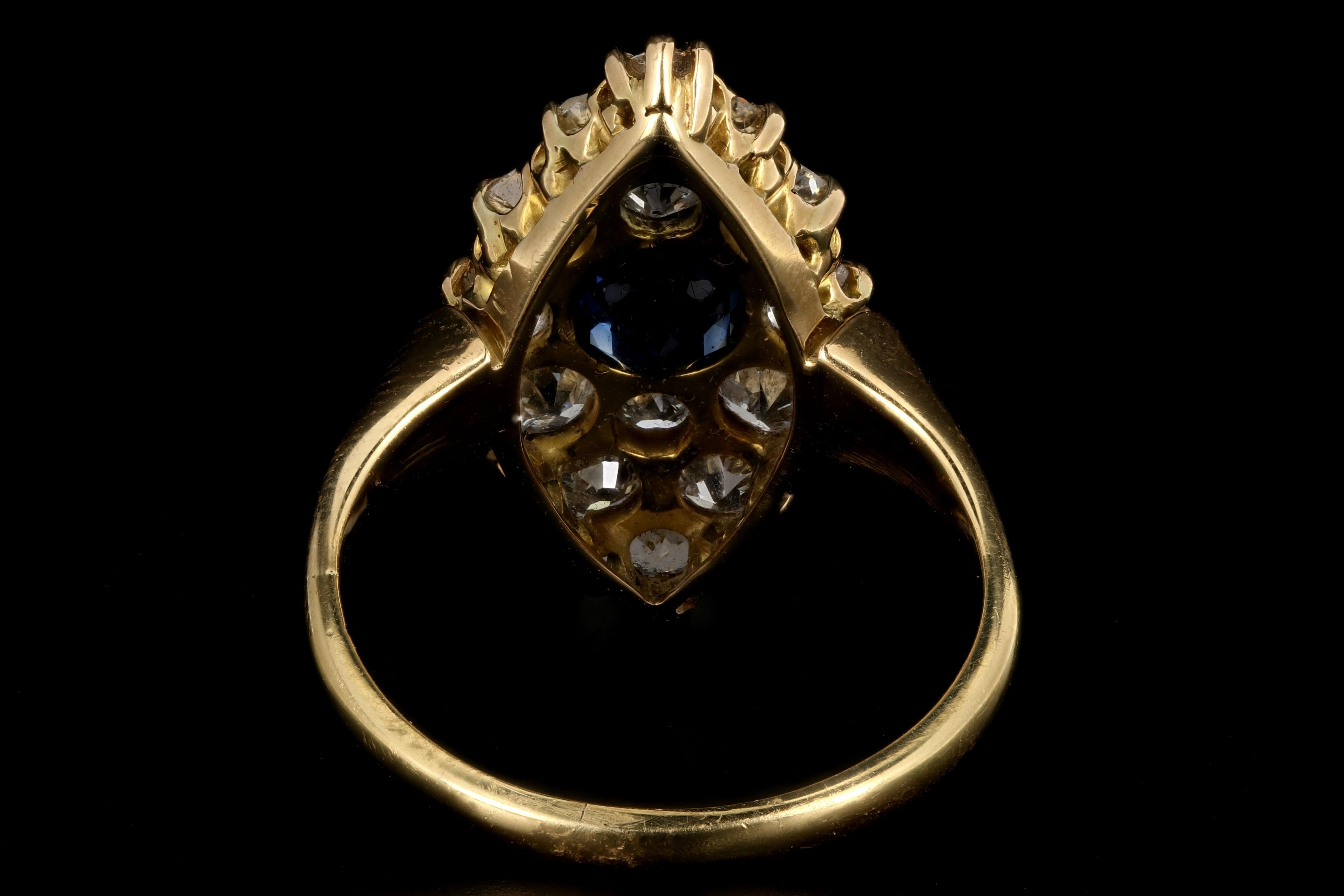 Women's or Men's Victorian Yellow Gold 1 Carat Natural No Heat Sapphire Diamond Navette Ring