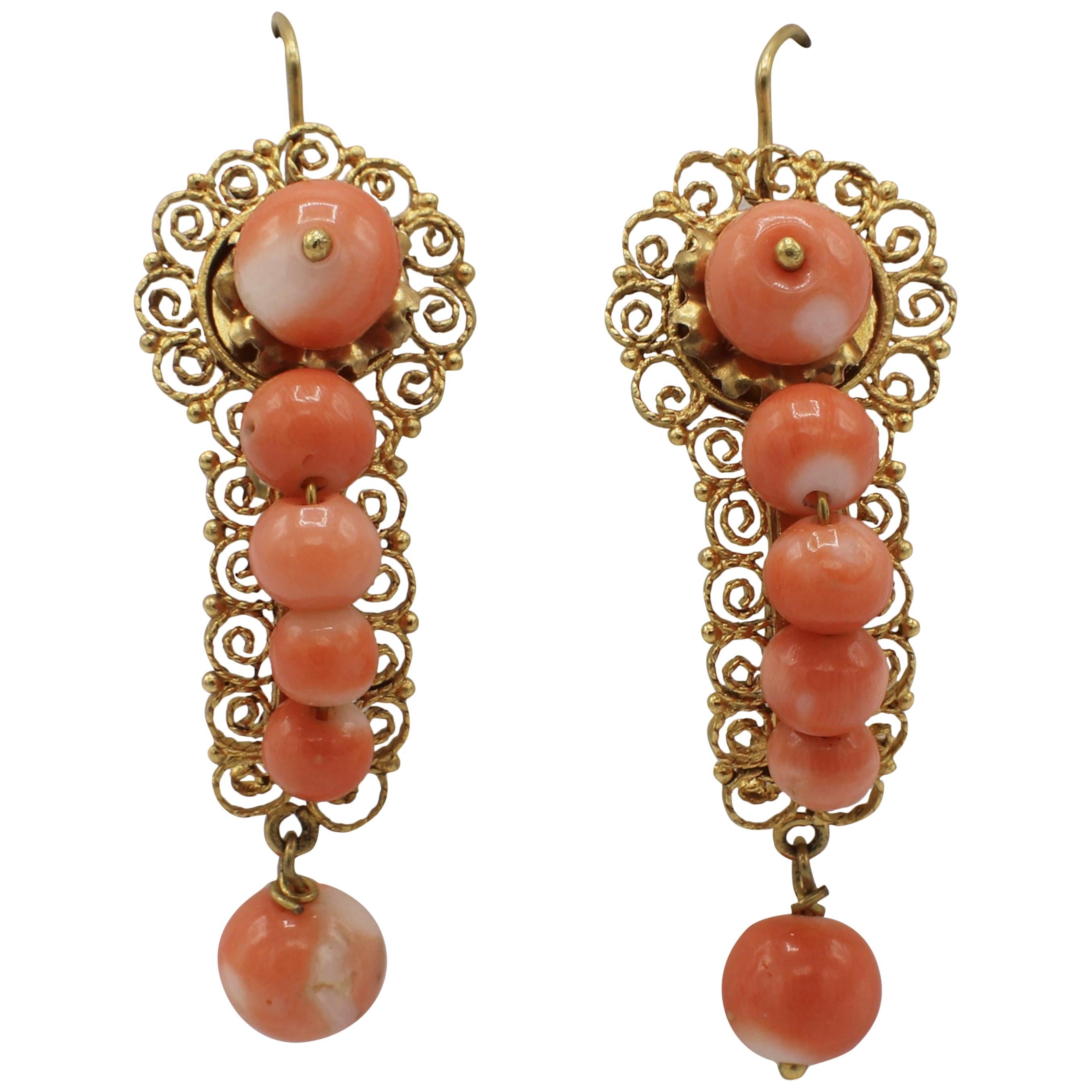 Victorian Yellow Gold and Coral Bead Dangle Drop Earrings