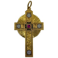 Vintage Victorian Yellow Gold and Enamel Maison Cross Pendant 