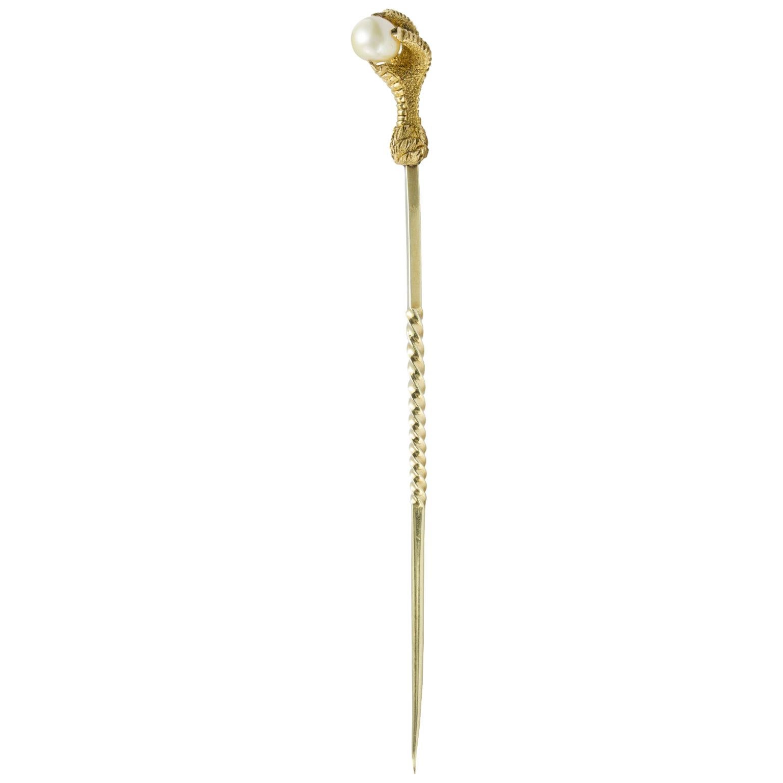 Victorian Yellow Gold and Pearl Talon Pin For Sale