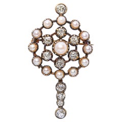 Victorian Yellow Gold and Silver 1.79ctw Old Mine Cut Diamond & Pearl Brooch