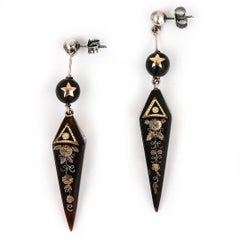 Victorian Yellow Gold and Silver Pique Drop Earrings, Circa 1870