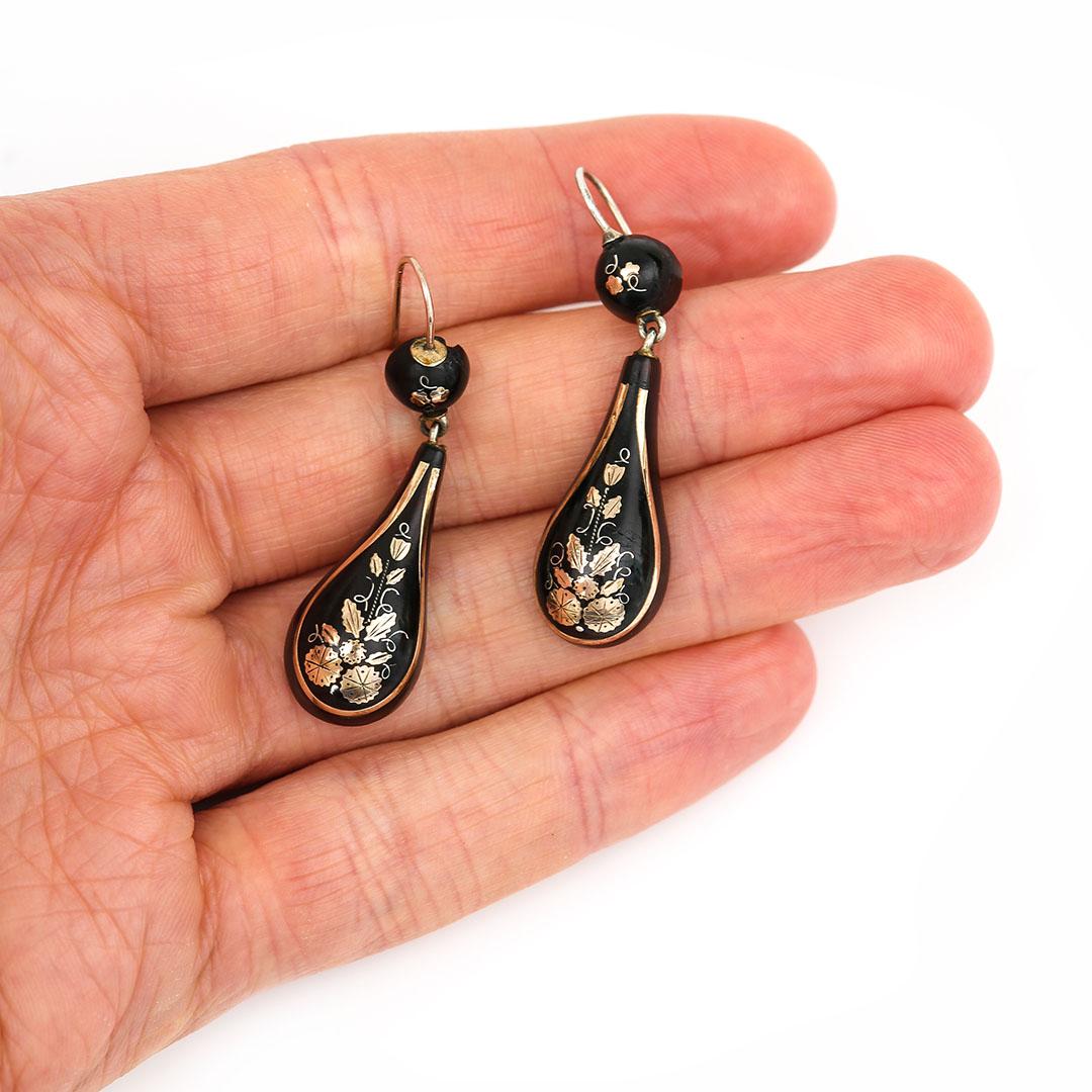 Victorian Yellow Gold and Silver Pique Floral Teardrop Earrings Circa 1870 1