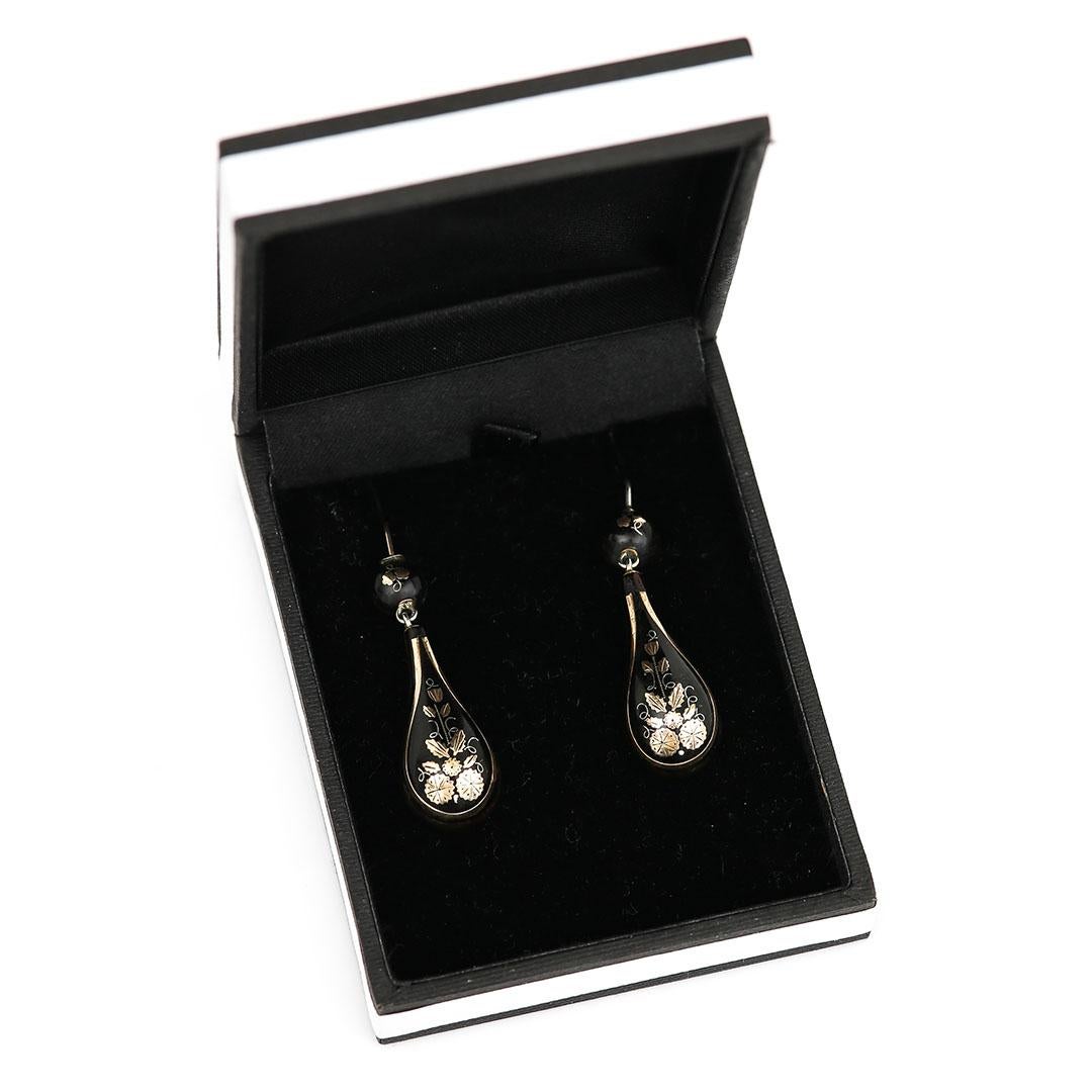 Victorian Yellow Gold and Silver Pique Floral Teardrop Earrings Circa 1870 3