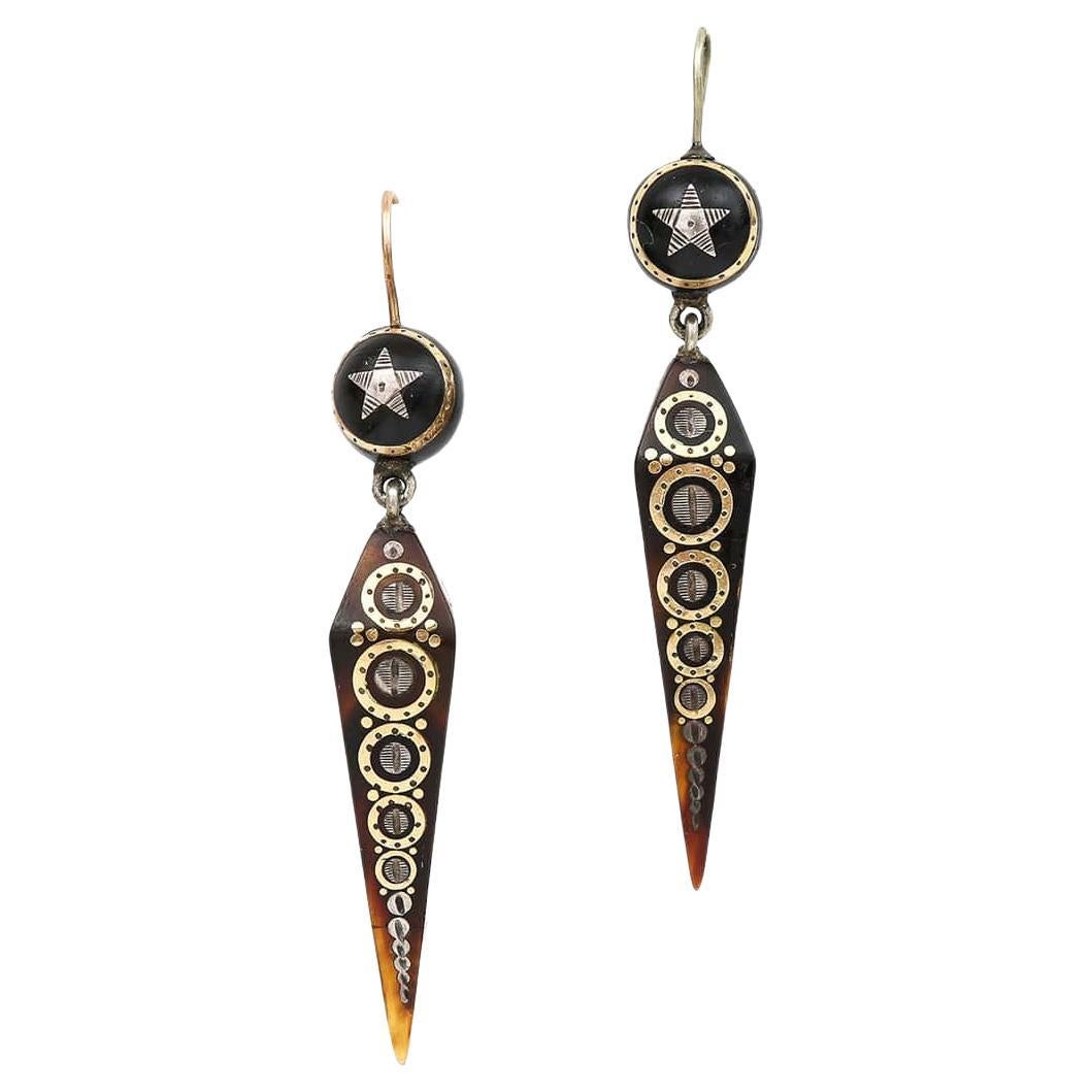  Victorian Yellow Gold and Silver Pique Star and Obelisk Drop Earrings Circa 187 For Sale