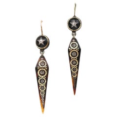 Antique  Victorian Yellow Gold and Silver Pique Star and Obelisk Drop Earrings Circa 187