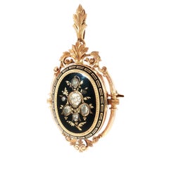 Victorian 14K Gold Black Enamel Diamond Brooch Pendant, Circa 1900