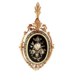 Victorian 14K Gold Black Enamel Diamond Brooch Pendant, Circa 1900