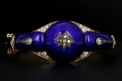 Victorian Yellow Gold Blue Enamel and Rose Cut Diamond Bangle