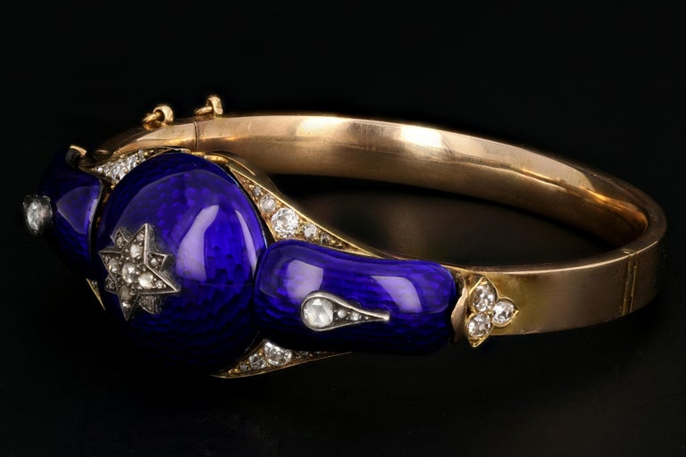 Victorian Yellow Gold Blue Enamel and Rose Cut Diamond Bangle at 1stDibs