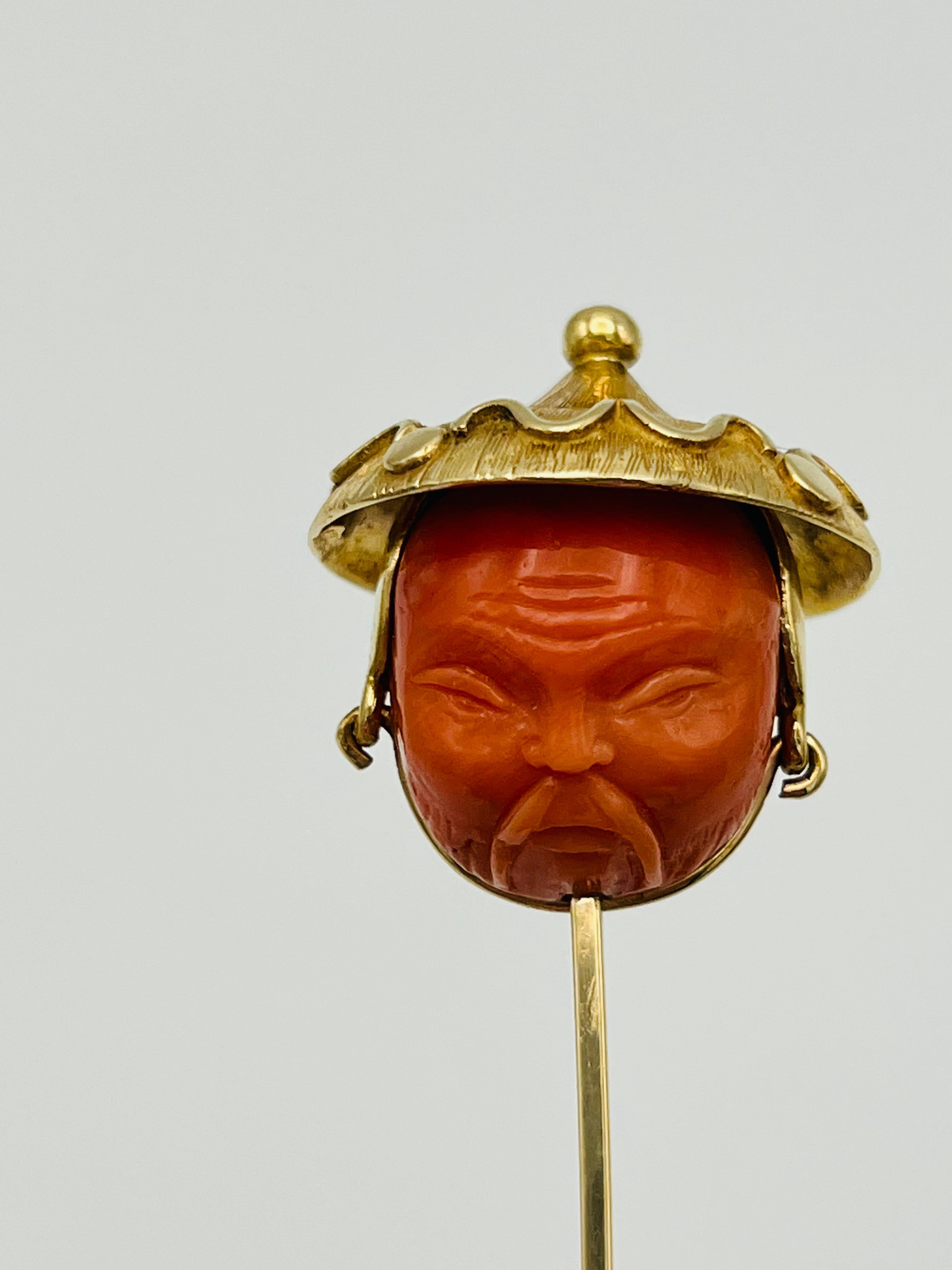 Rough Cut Victorian Yellow Gold Carved Coral Hat Pin For Sale