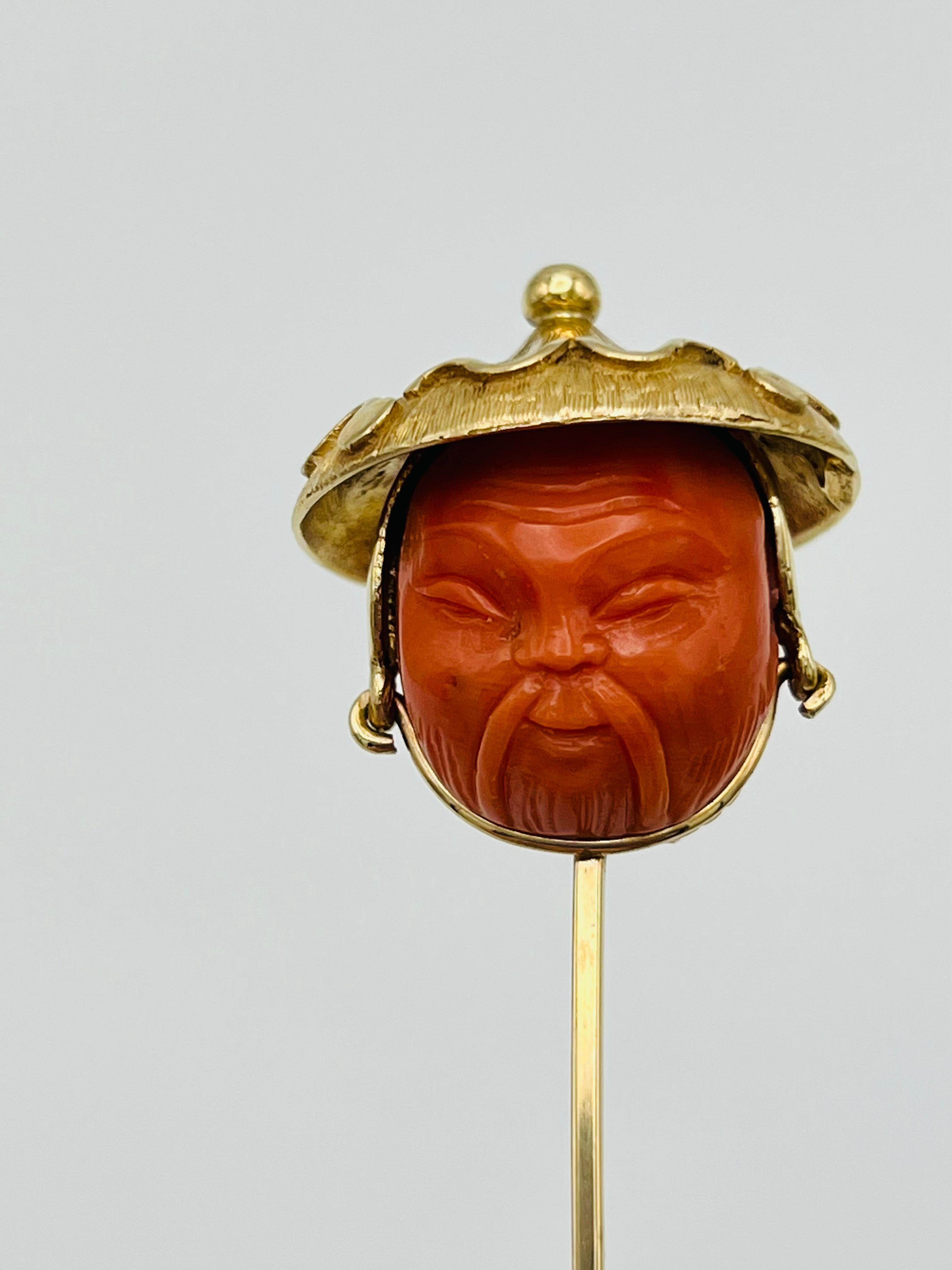 Women's or Men's Victorian Yellow Gold Carved Coral Hat Pin For Sale