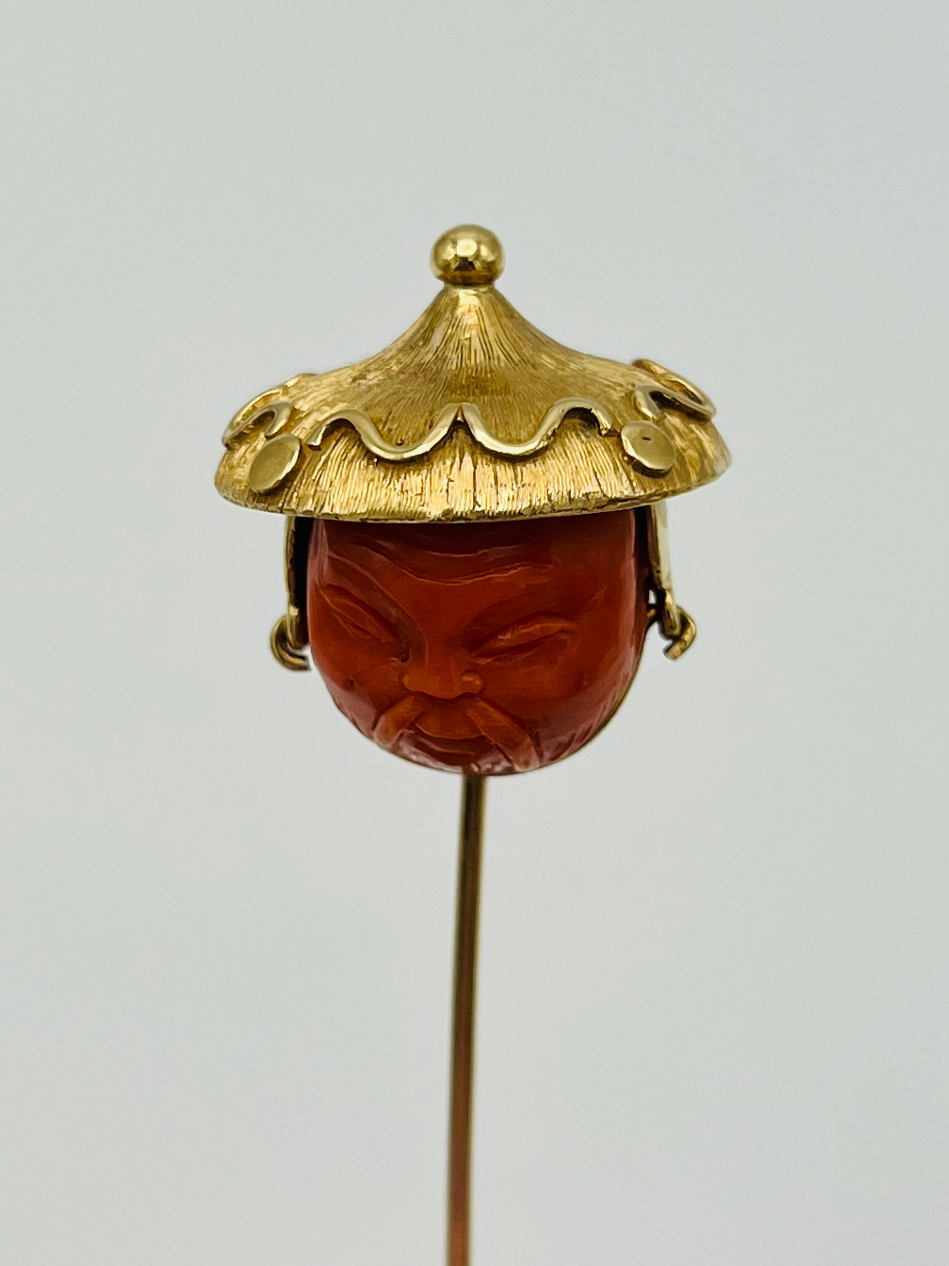 Victorian Yellow Gold Carved Coral Hat Pin  For Sale 1
