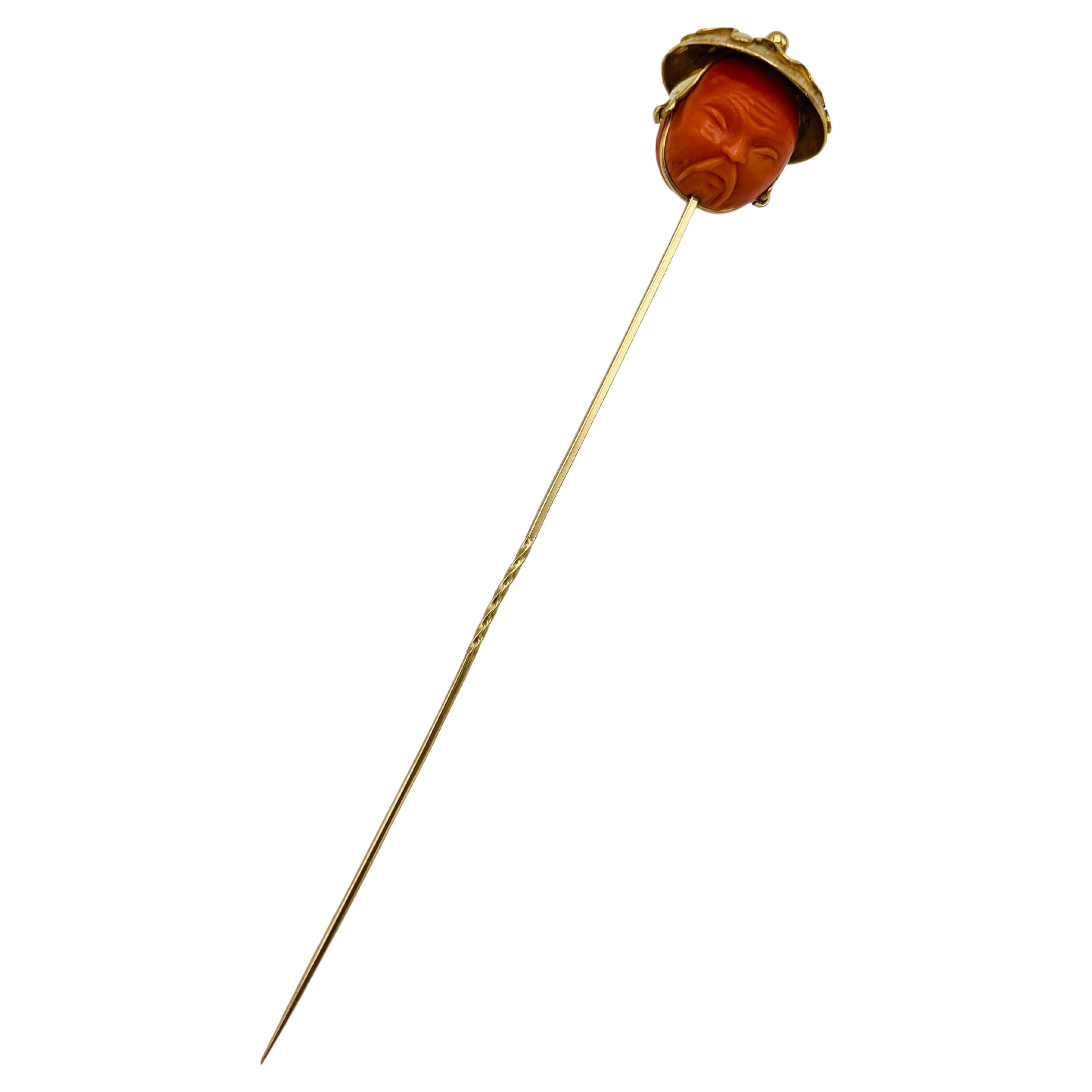 Victorian Yellow Gold Carved Coral Hat Pin  For Sale
