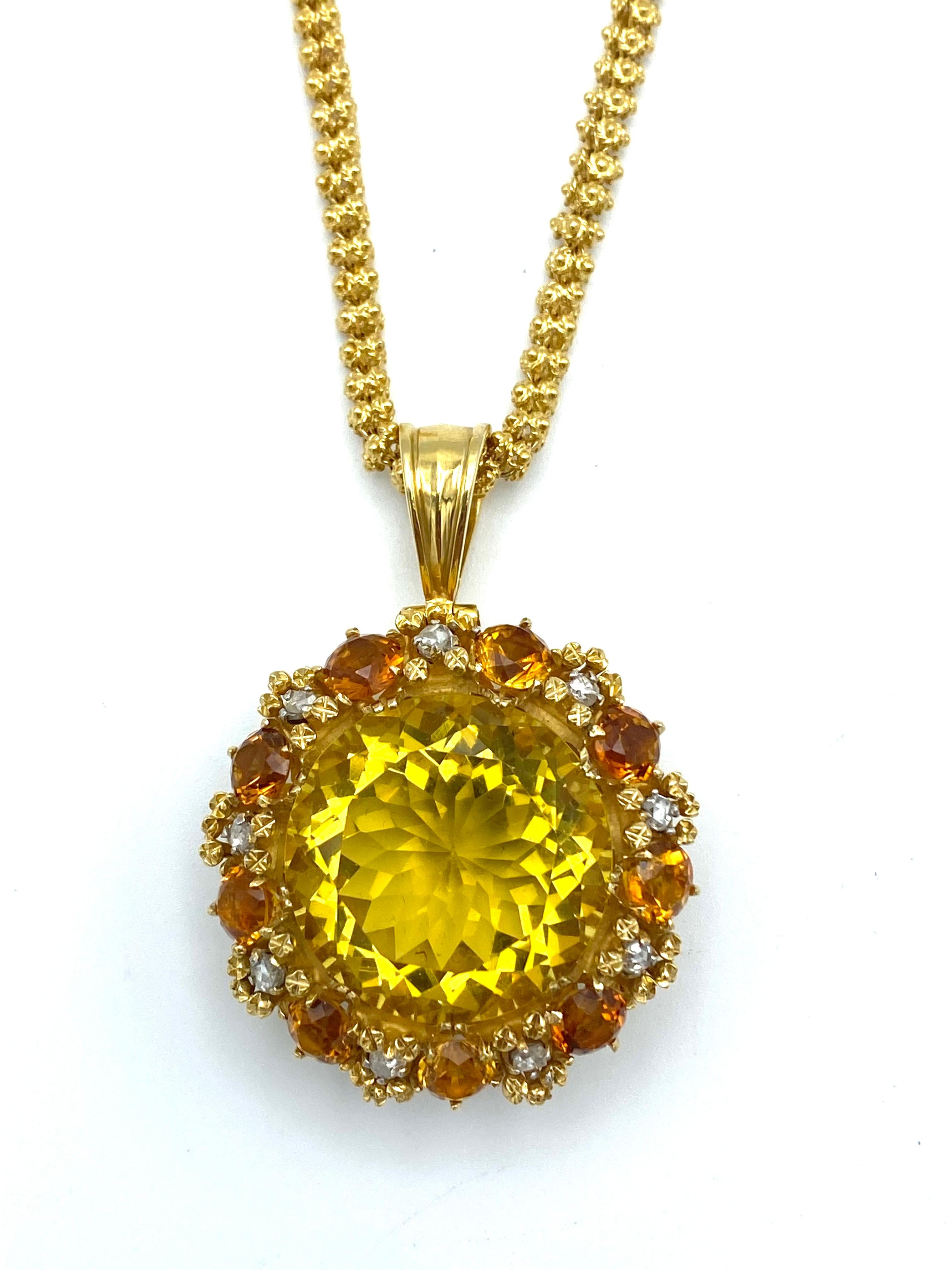 Product details:

The chain is made out of 20 karat yellow gold, featuring floral motif. The pendant is made out of 18 karat yellow gold, citrine and rose cut diamonds.

The necklace is 30- 1/2