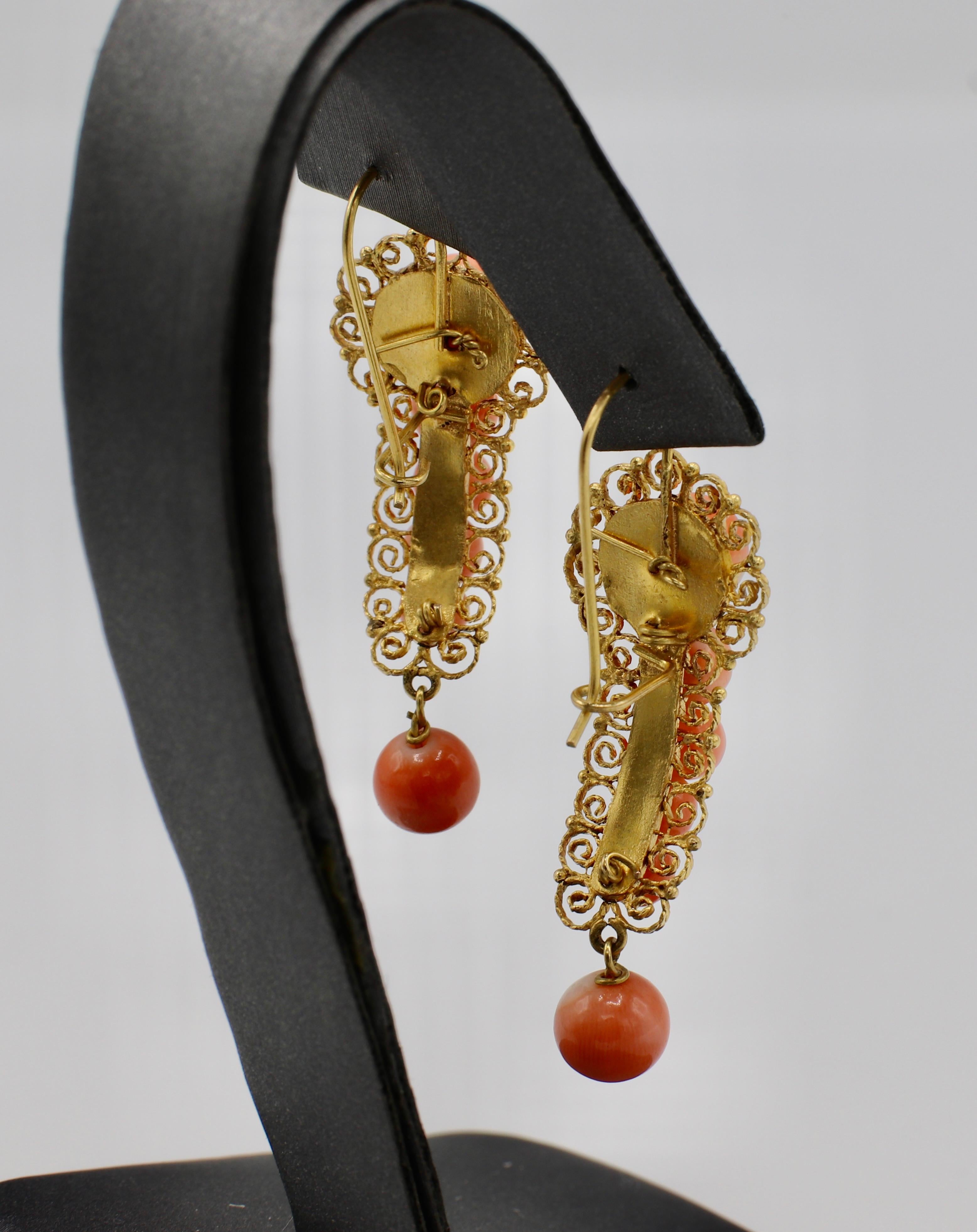 High Victorian Victorian Yellow Gold and Coral Bead Dangle Drop Earrings