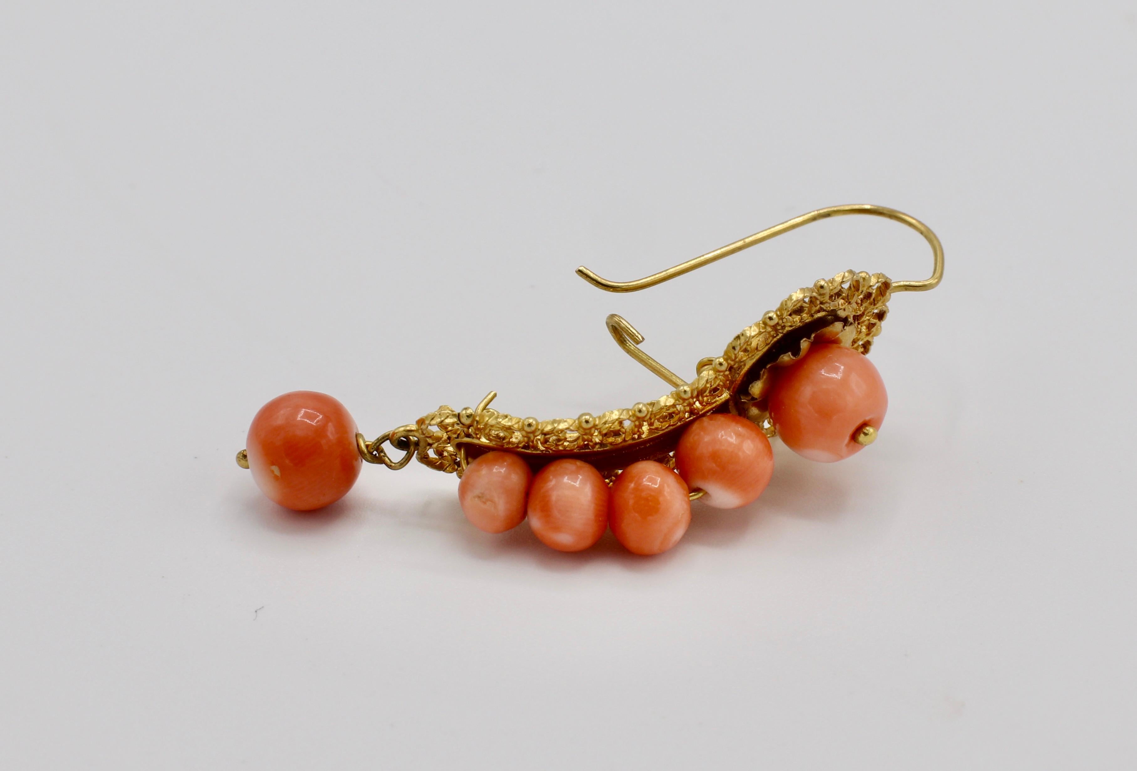 Victorian Yellow Gold and Coral Bead Dangle Drop Earrings 1