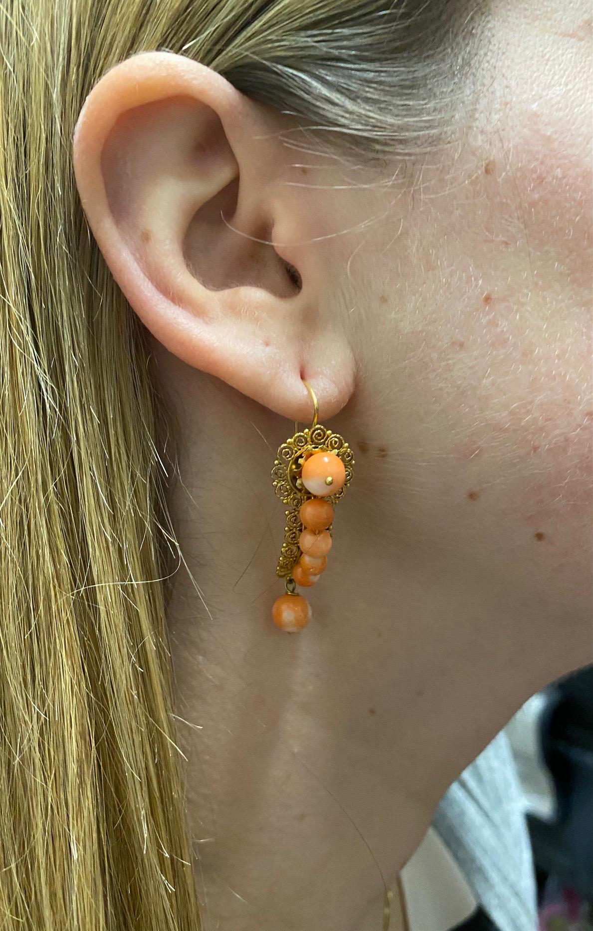 Victorian Yellow Gold and Coral Bead Dangle Drop Earrings 2