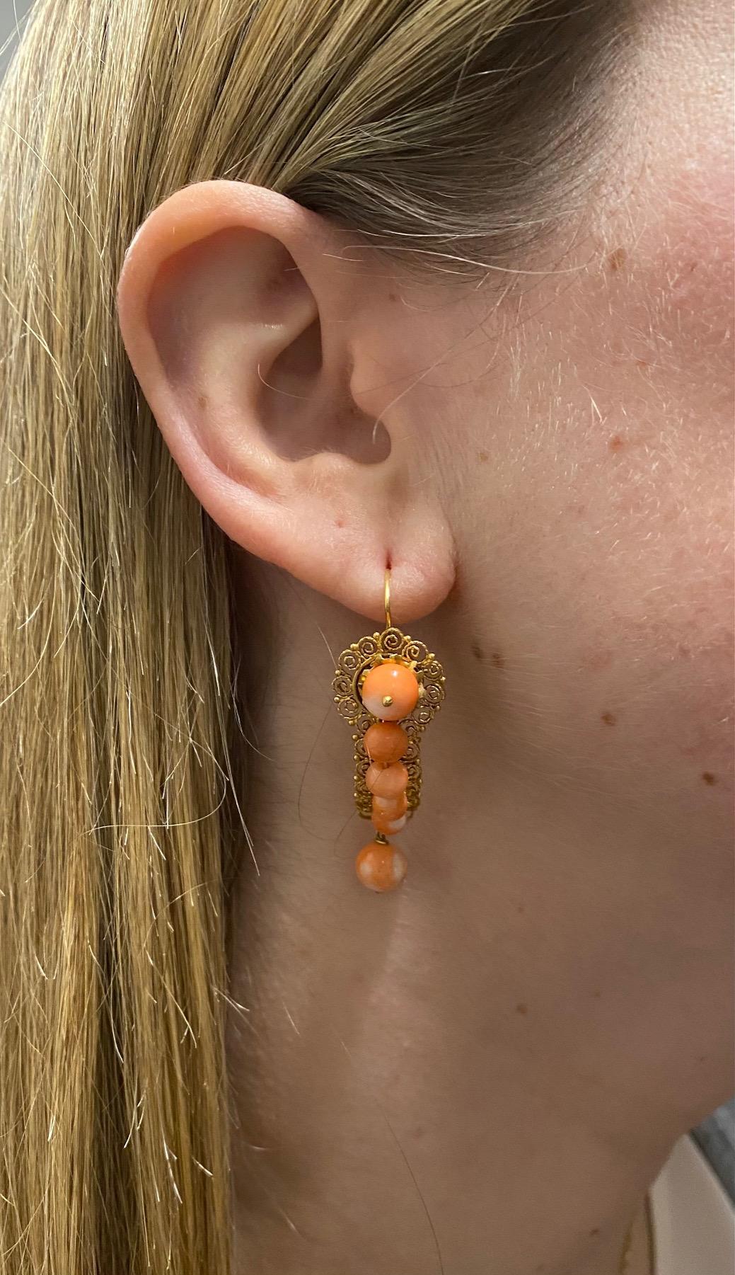 Victorian Yellow Gold and Coral Bead Dangle Drop Earrings 3