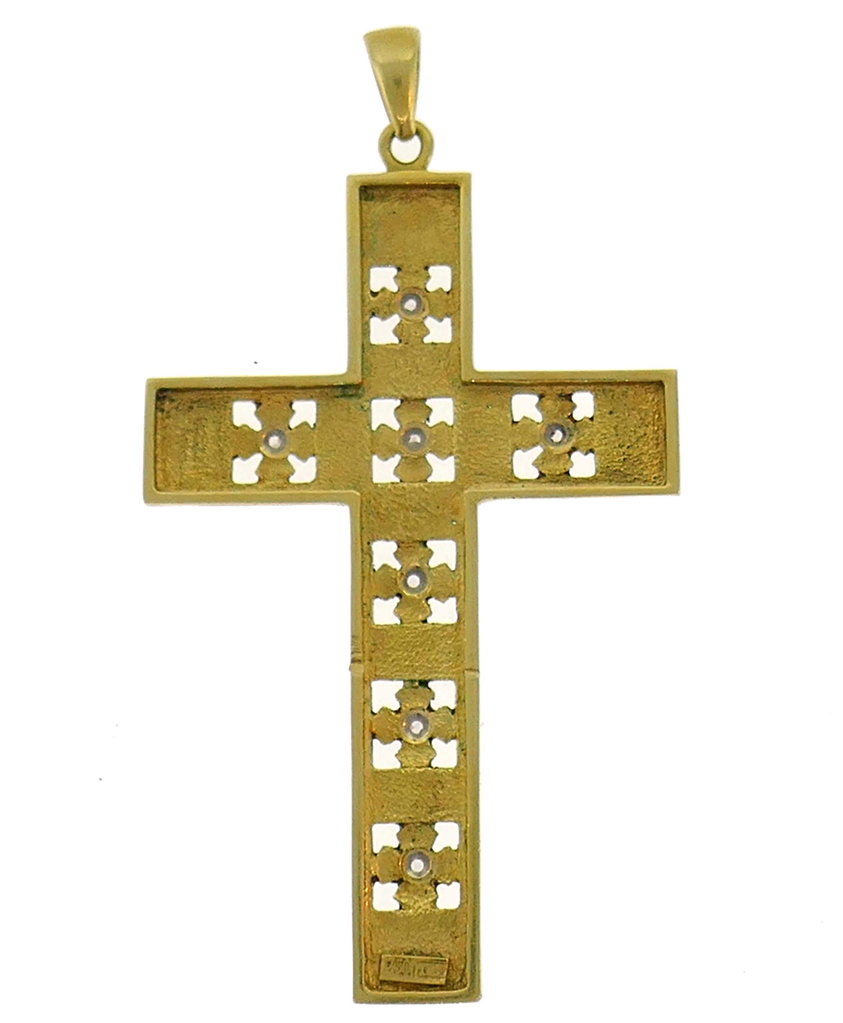 Beautiful Victorian cross pendant.
Made of 18 karat yellow gold, enamel and set with rose cut diamonds, 
Measurements: 2-3/8 x 1-1/2 inches (6 x 3.8 cm) without the bail. 
Weight is 11.8 grams.
Stamped with hallmark for 18 karat gold.