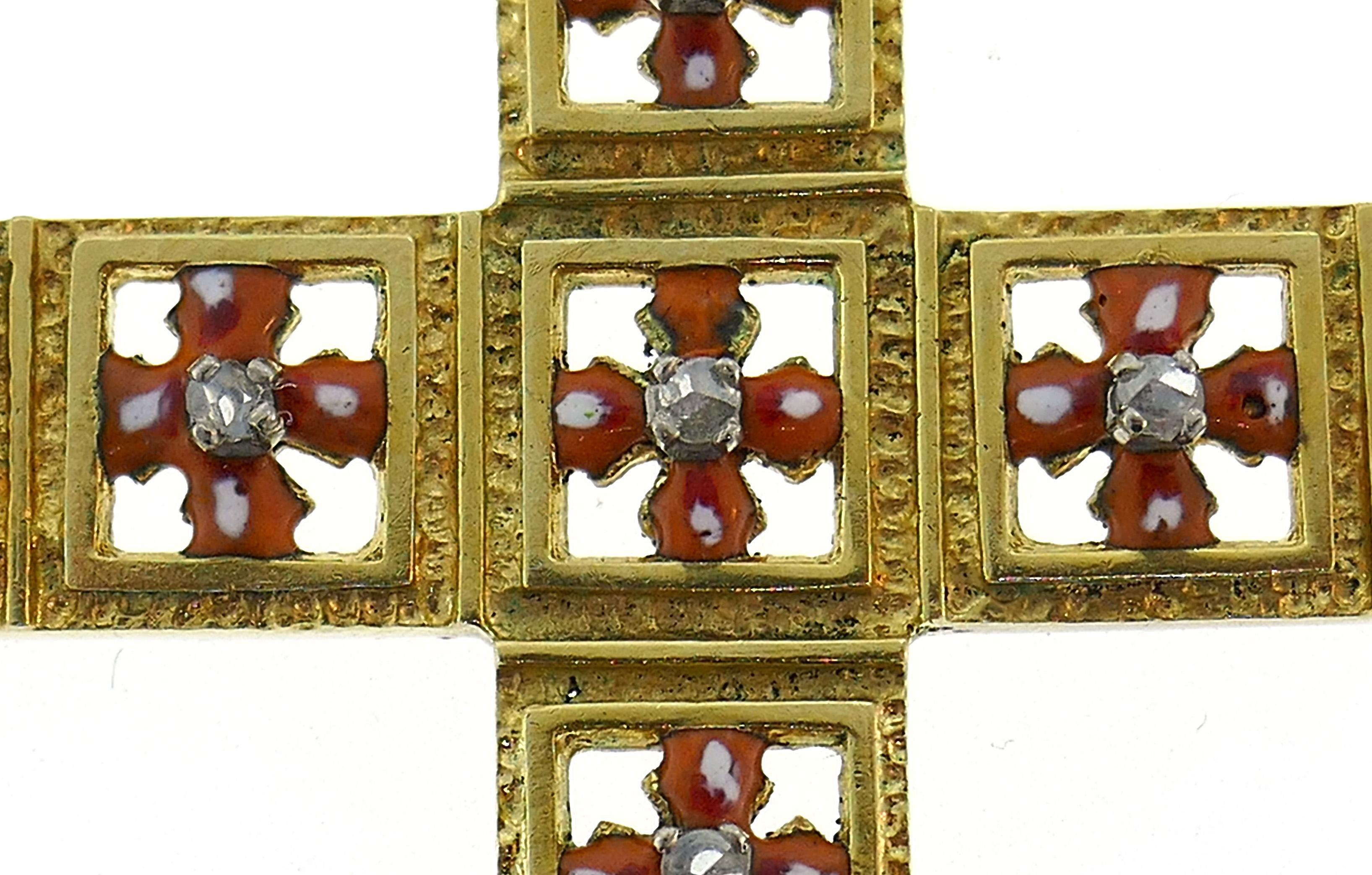 Victorian Yellow Gold Cross Pendant Diamond Enamel In Good Condition In Beverly Hills, CA