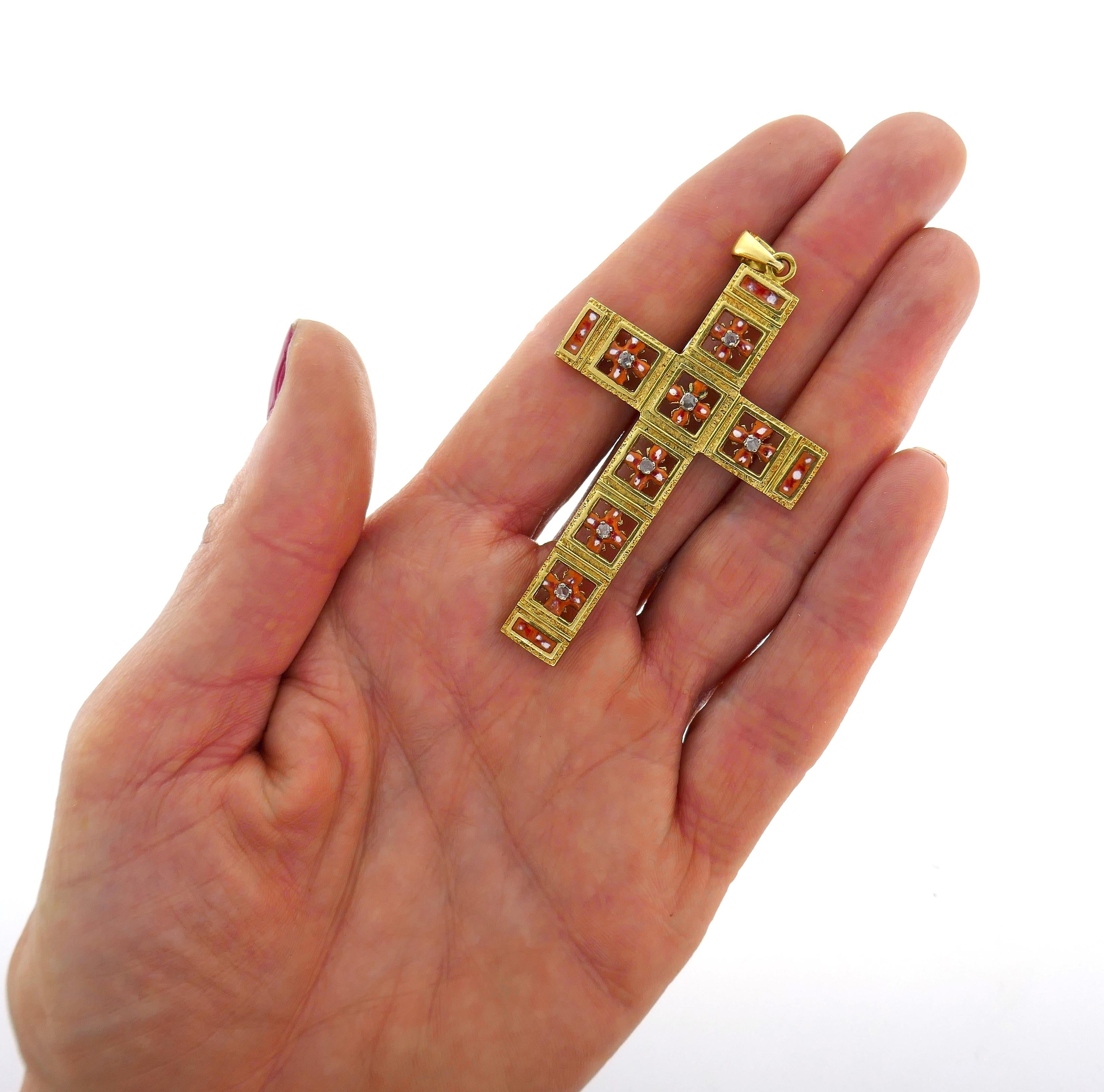 Women's or Men's Victorian Yellow Gold Cross Pendant Diamond Enamel