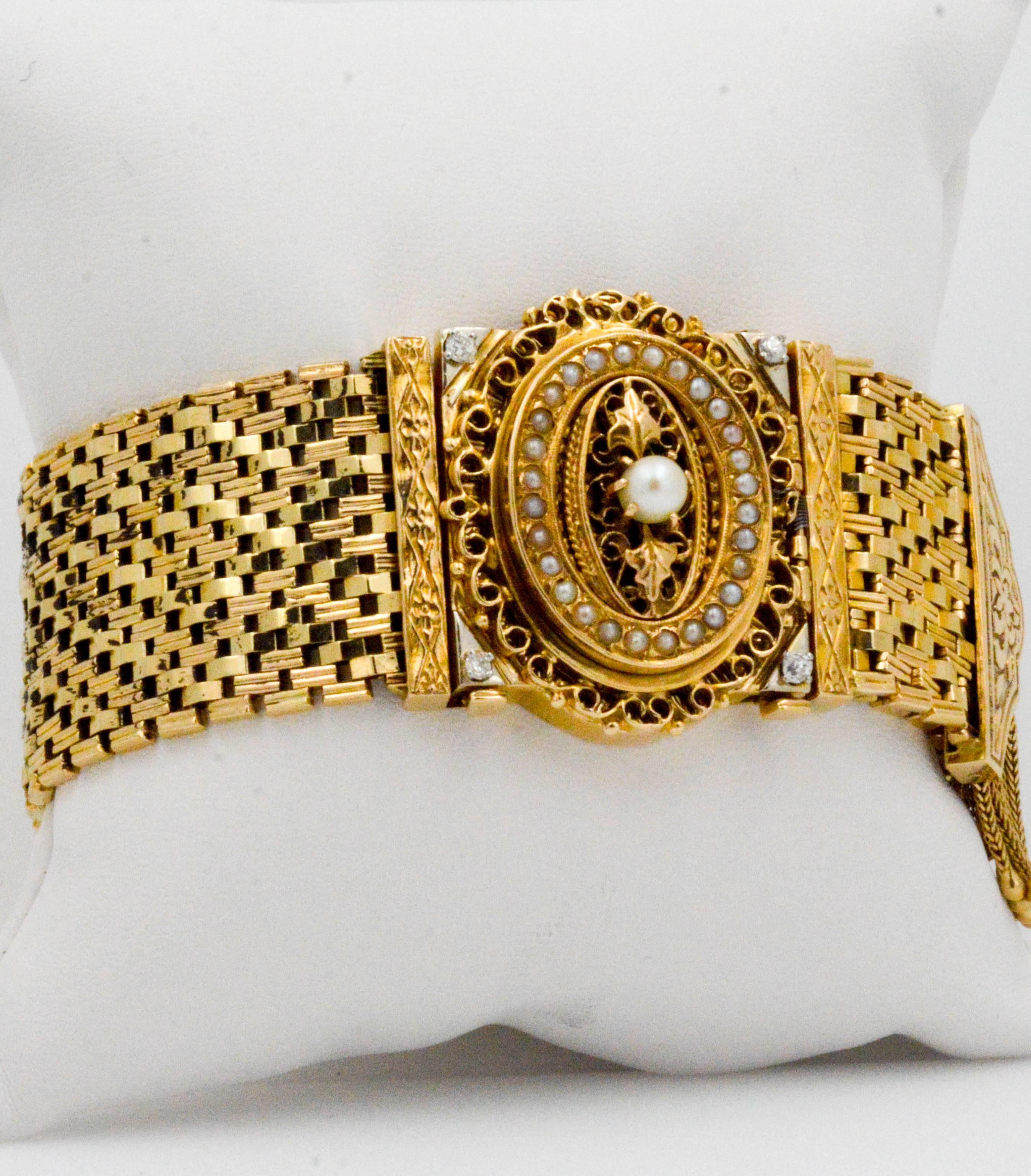 Victorian Yellow Gold diamond pearl Bracelet Watch / Pendant  5