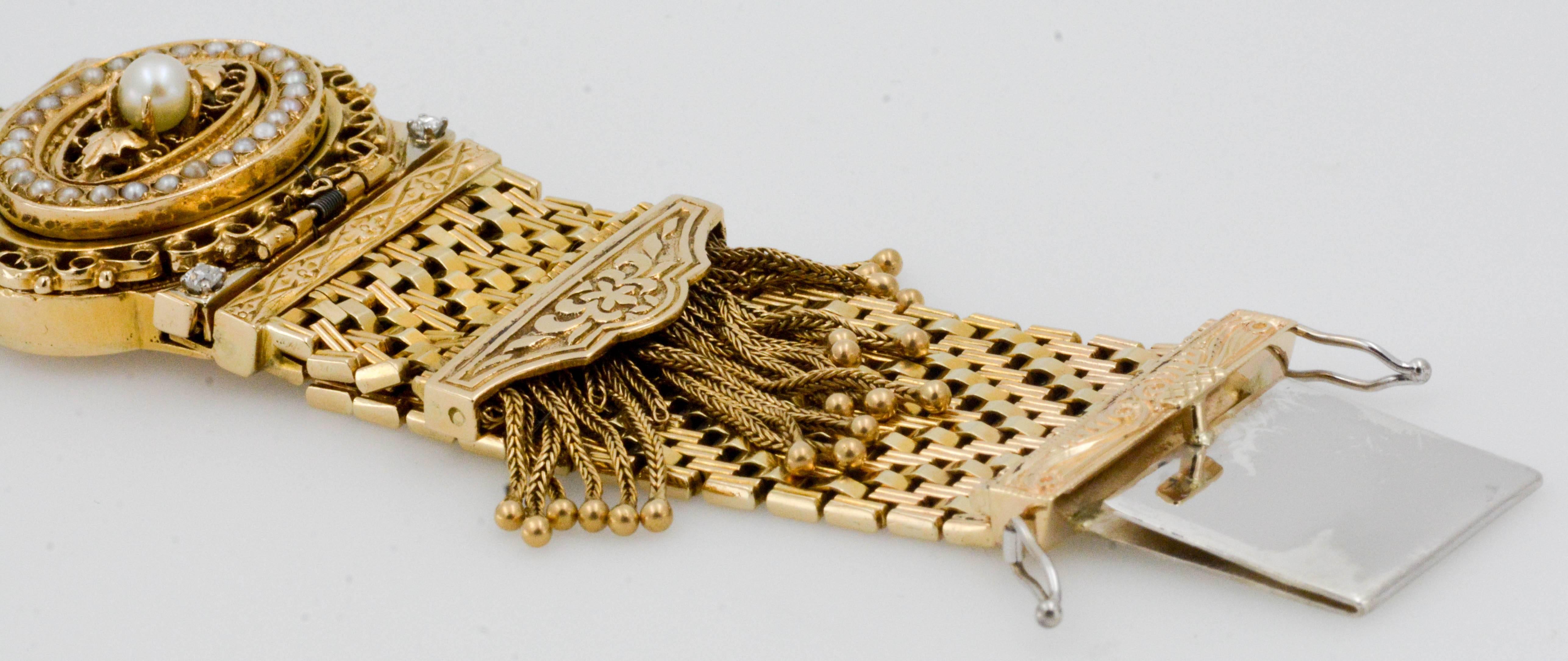 Women's Victorian Yellow Gold diamond pearl Bracelet Watch / Pendant 