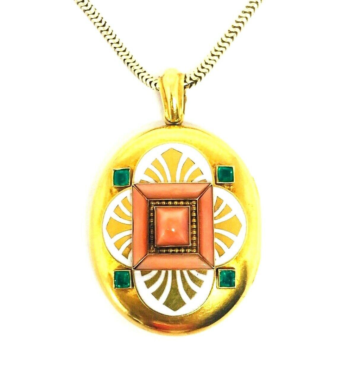 Women's or Men's Victorian Yellow Gold Emerald Coral Enamel Locket Pendant Chain Necklace For Sale