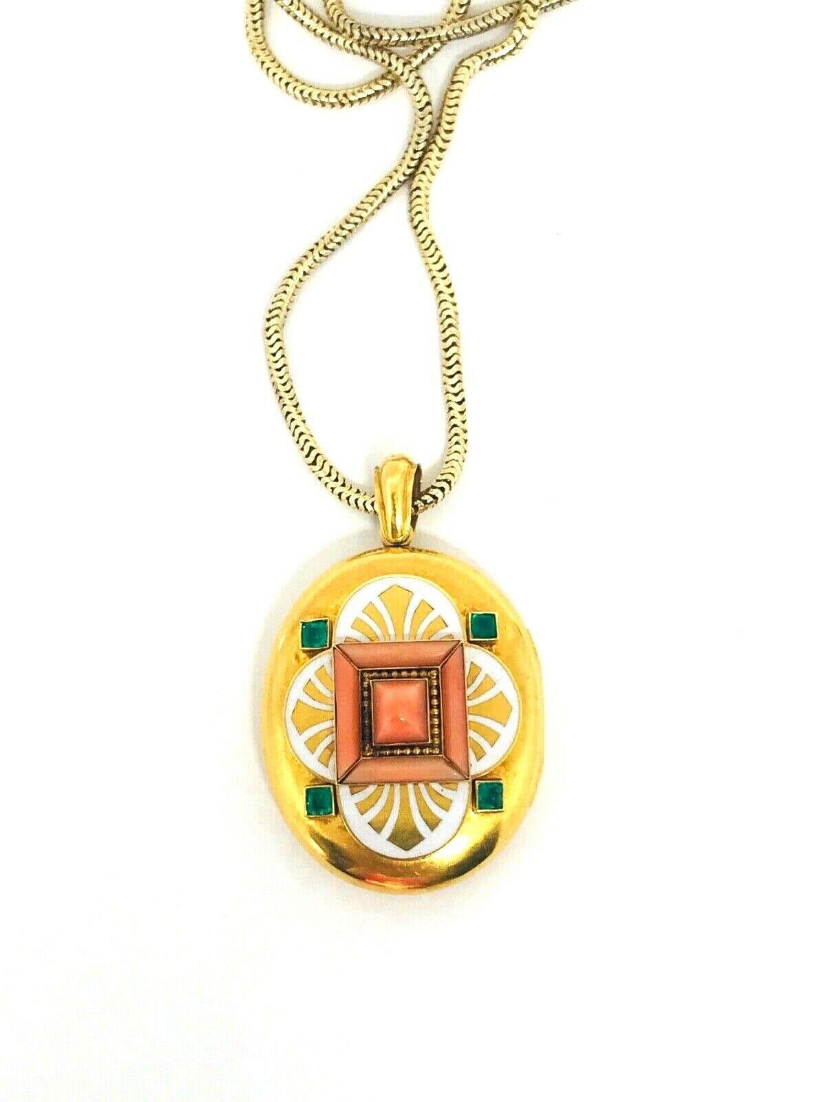 Victorian Yellow Gold Emerald Coral Enamel Locket Pendant Chain Necklace For Sale 2