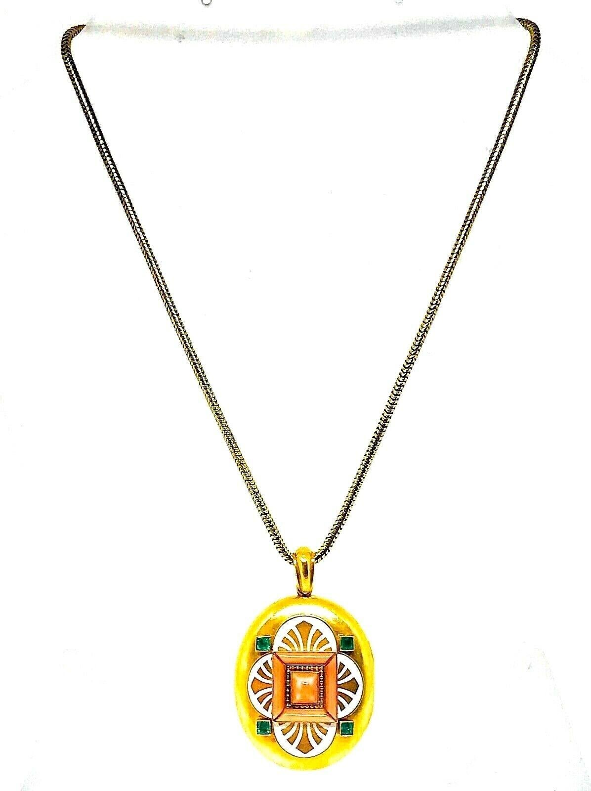 Victorian Yellow Gold Emerald Coral Enamel Locket Pendant Chain Necklace For Sale 3