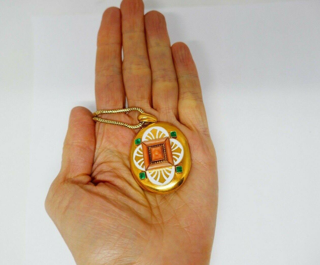 Victorian Yellow Gold Emerald Coral Enamel Locket Pendant Chain Necklace For Sale 4