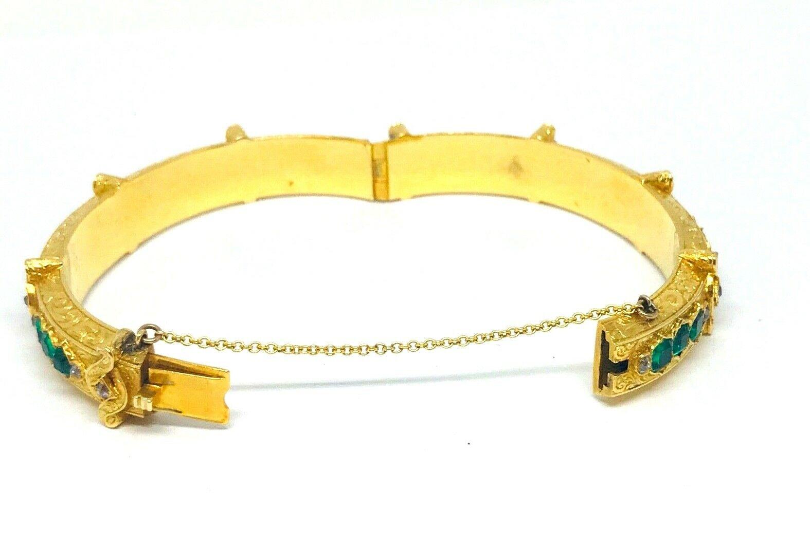 Women's Victorian Yellow Gold Emerald Diamond Bangle Bracelet