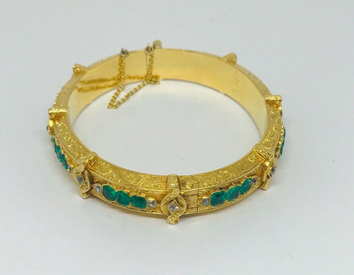 Victorian Yellow Gold Emerald Diamond Bangle Bracelet 1