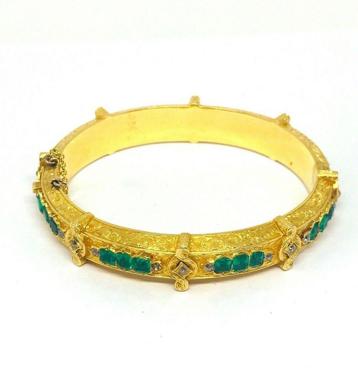 Victorian Yellow Gold Emerald Diamond Bangle Bracelet 2