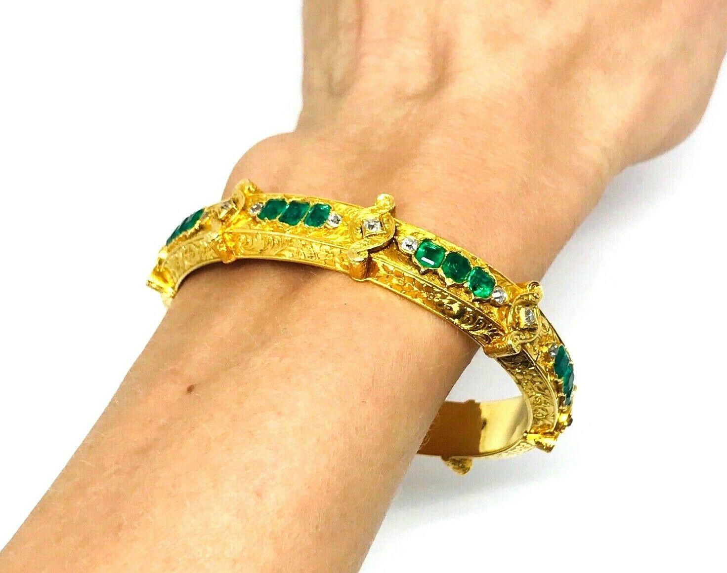 Victorian Yellow Gold Emerald Diamond Bangle Bracelet 3