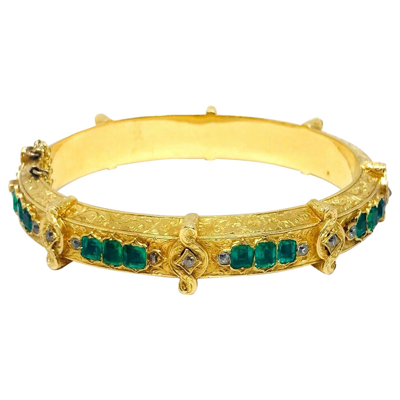 Victorian Yellow Gold Emerald Diamond Bangle Bracelet