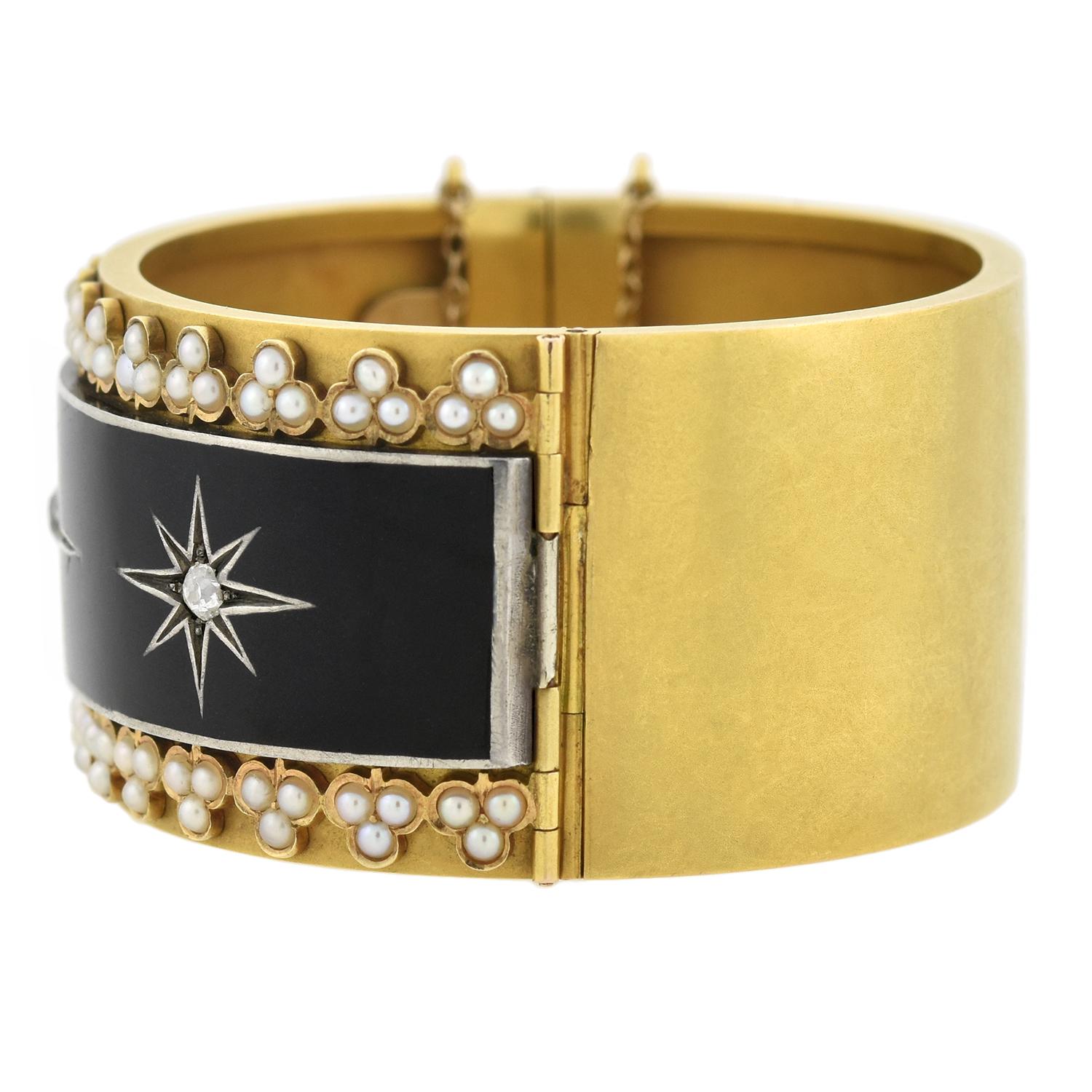 Victorian Yellow Gold Enameled Diamond and Pearl Starburst Motif Bangle Bracelet In Good Condition For Sale In Narberth, PA